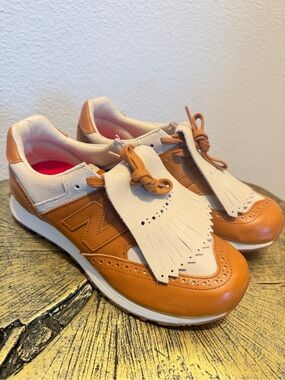 New Balance Tan & Cream Leather Kiltie Sneakers with Perforated Detail